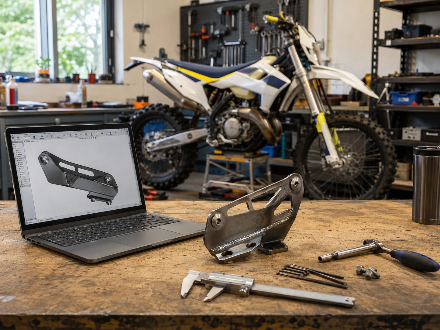 Motorrad Werkstatt mit CAD und Bauteil
