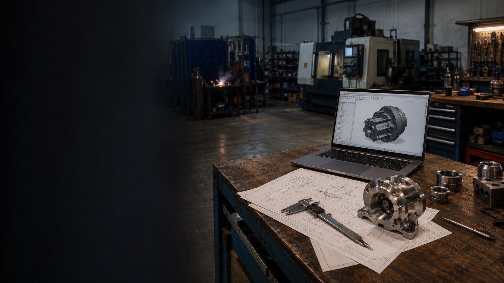 CAD Arbeitsplatz mit Laptop, CNC-Hintergrund und Zeichnung